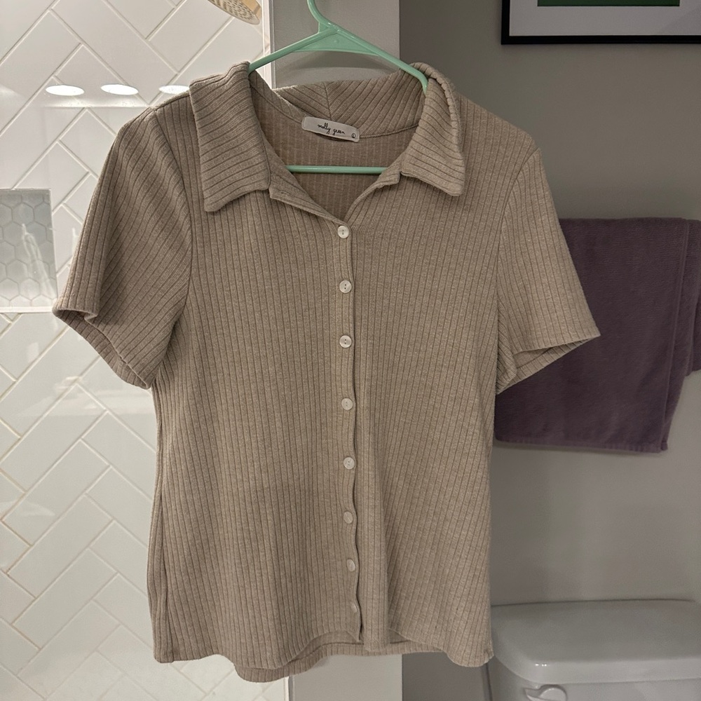 Molly Green Stylish Beige Ribbed Button-Down Shirt Size Large